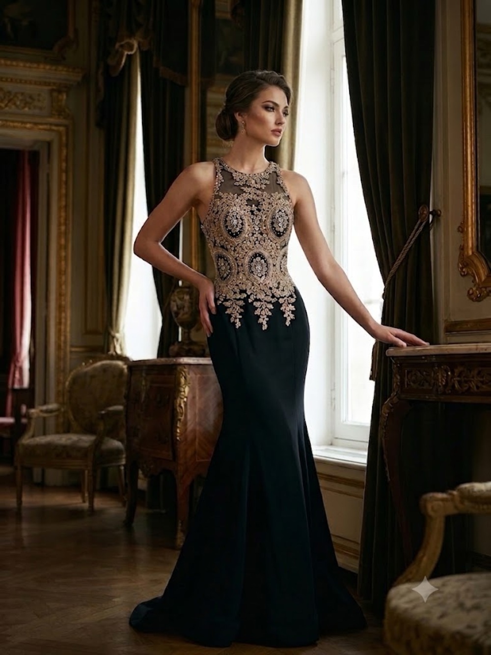 Symphony Baroque Gold Beaded Illusion Back Formal Gown with bustle